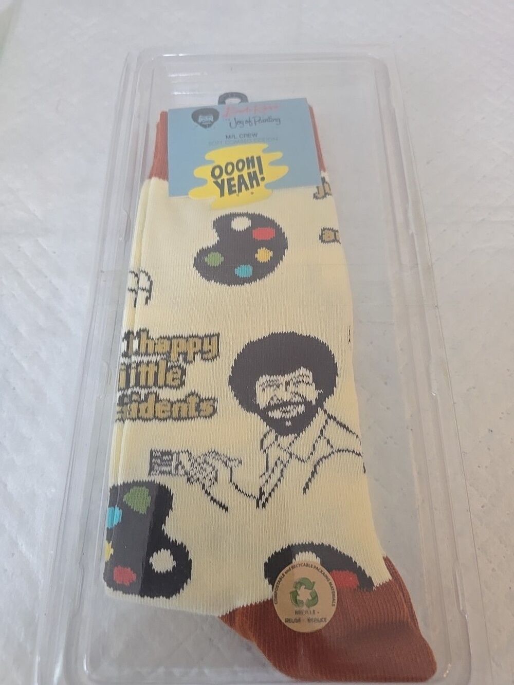 Oooh Yeah! 2 pairs Men’s Crew One Size Bob Ross "Just Happy Little Accidents" So